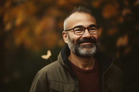 Portrait of a senior man with a beard and glasses in the autumn parkの素材