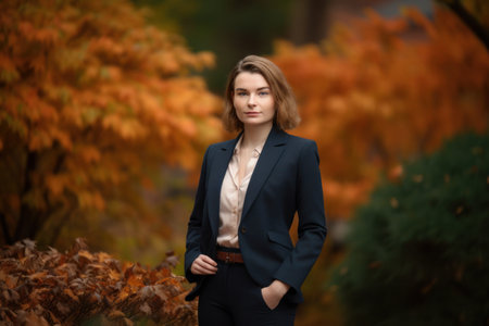 Portrait of a beautiful young woman in a blue suit on a background of autumn parkの素材