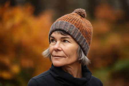 Portrait of a middle-aged woman in a knitted hat in an autumn parkの素材