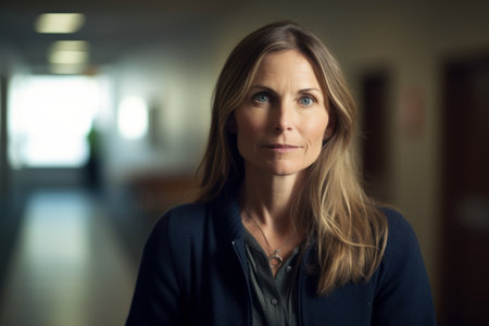 Portrait of mature woman in corridor of hospital looking at the cameraの素材