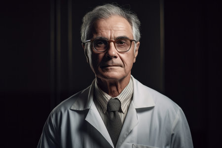 Portrait of senior doctor with eyeglasses and white coat.の素材