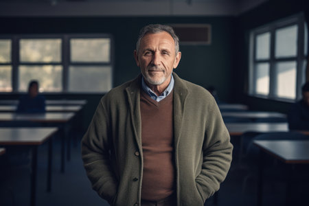 Portrait of a senior man standing in a classroom at school.の素材