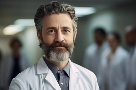 Portrait of a mature male doctor with a white beard in a hospitalの素材