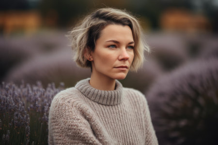 Portrait of a young woman in a lavender field. Toning.の素材