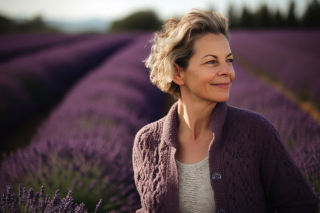Mature woman standing in lavender field and looking at the cameraの素材