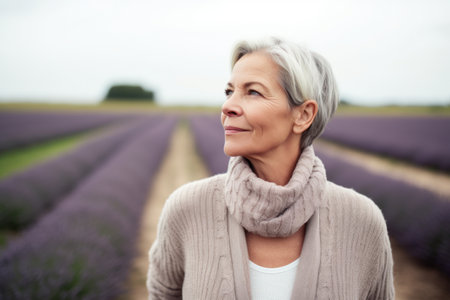 Mature woman standing in lavender field and looking at the horizonの素材
