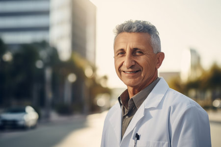 Portrait of smiling senior male doctor in white coat standing on streetの素材