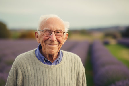 Portrait of senior man standing in lavender field smiling at cameraの素材