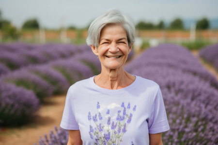 Portrait of a smiling senior woman standing in lavender field.の素材