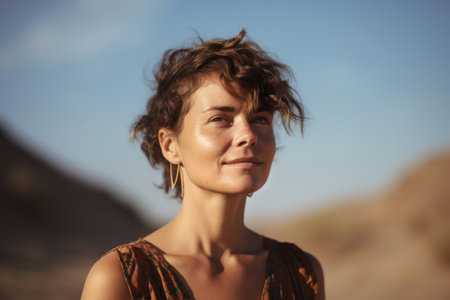 Portrait of a beautiful woman with short hair in the desert.の素材