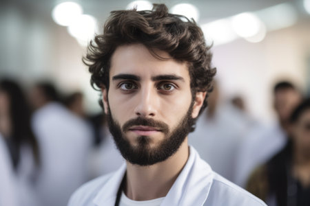 Portrait of a young male doctor looking at camera in a hospitalの素材