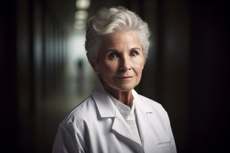 Portrait of a senior female doctor standing in hospital corridor looking at cameraの素材