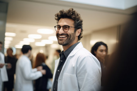 Portrait of a smiling male doctor standing in hospital corridor with colleagues in the backgroundの素材