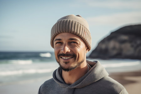 Portrait of smiling man in beanie and cap standing on beachの素材