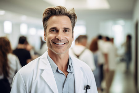 Portrait of smiling male doctor standing in hospital corridor. Doctor looking at camera and smiling.の素材