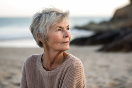 Portrait of thoughtful senior woman standing on beach at the day timeの素材