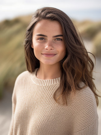 Portrait of a beautiful young brunette woman in a beige sweater on the beachの素材