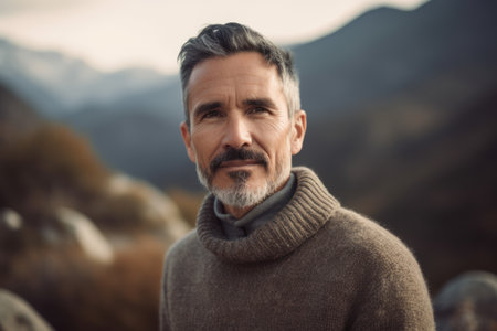 Portrait of a handsome middle-aged man with gray hair and beard in the mountains.の素材