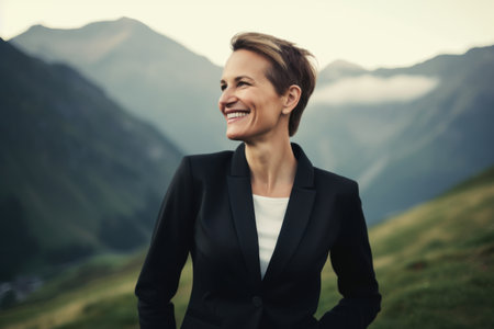 Portrait of a smiling businesswoman in a suit on a mountain backgroundの素材