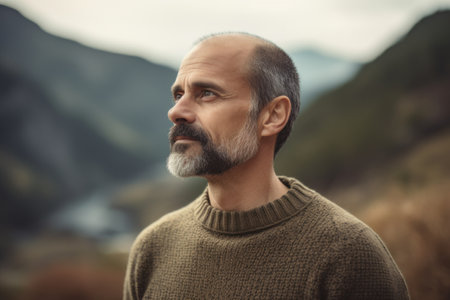 Portrait of a handsome middle-aged man with gray hair and beard in the mountainsの素材