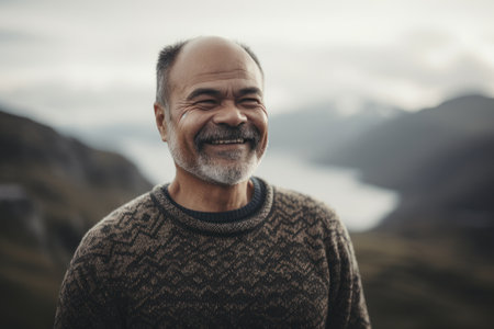 Portrait of happy senior man smiling and looking at camera in mountainsの素材