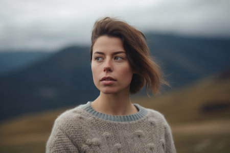 Portrait of a beautiful girl in a sweater on the background of mountainsの素材