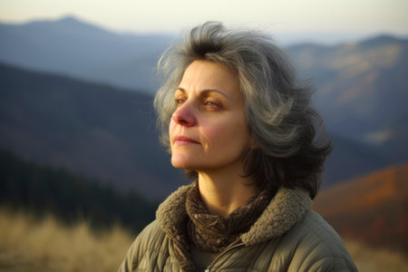 Portrait of a woman with gray hair on the background of the mountainsの素材