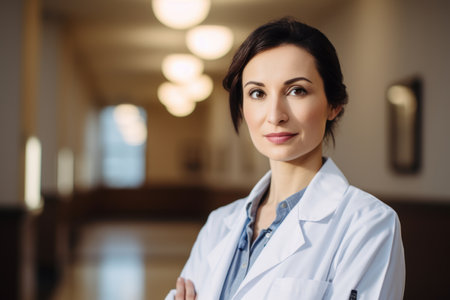 Portrait of confident female doctor standing with arms crossed in hospital corridorの素材