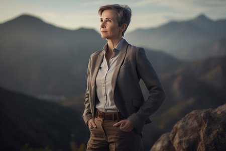 Portrait of a confident businessman standing on top of a mountain and looking awayの素材