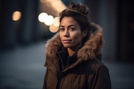 beautiful young woman in winter coat looking at camera on city streetの素材