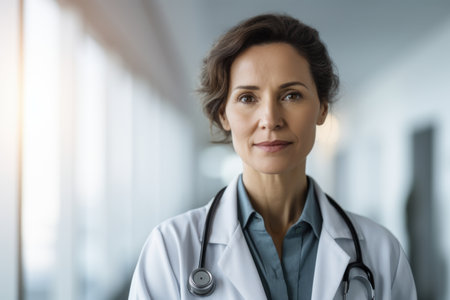 Portrait of confident female doctor looking at camera in hospital corridor. Portrait of mature female doctor with stethoscope on neck. Medicine and healthcare conceptの素材