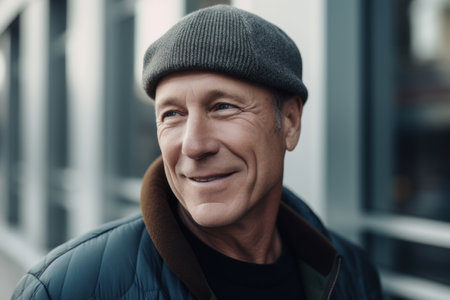 Portrait of handsome senior man in hat and blue jacket looking at cameraの素材