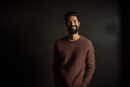 Portrait of a happy young man with a beard in a sweater on a dark backgroundの素材