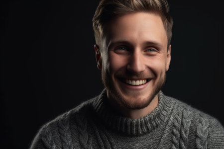 Portrait of a smiling young man in a sweater on a black backgroundの素材