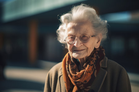 Portrait of a smiling senior woman in eyeglasses outdoors.の素材