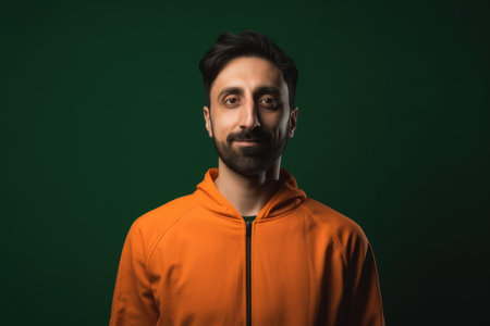 Portrait of a young man in an orange hoodie on a green backgroundの素材
