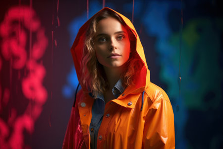 Portrait of a young woman in a raincoat and raincoat.の素材