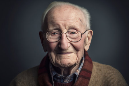 Portrait of an old man with glasses and a scarf on a gray backgroundの素材
