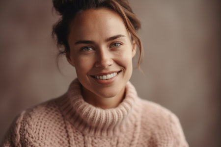 Portrait of a beautiful young woman in a knitted sweater.の素材