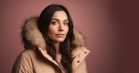 Beautiful young woman in beige winter jacket on a pink backgroundの素材