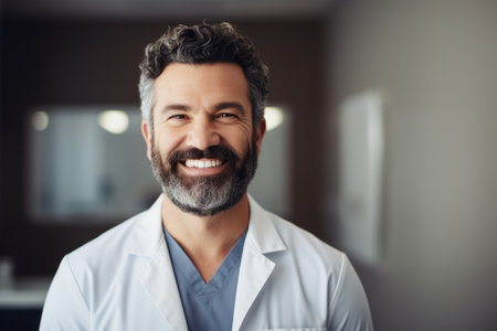 Portrait of a smiling doctor with a beard in a white coatの素材