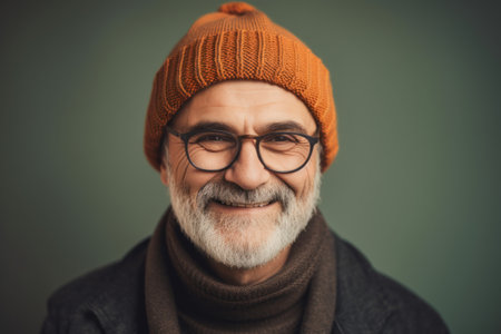 Portrait of a senior bearded man with glasses and a hat.の素材