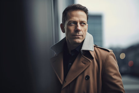 Portrait of a handsome man in beige trench coat, looking at camera, standing in the city.の素材