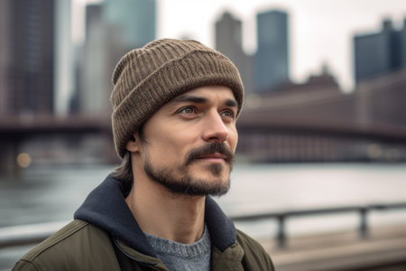 Young handsome man with hat on the streets of New York cityの素材