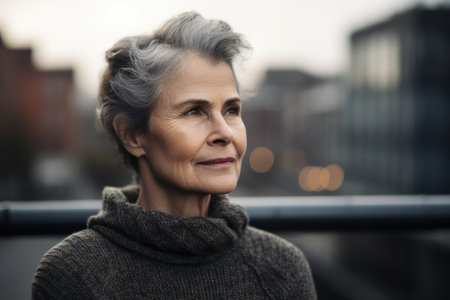 Portrait of a beautiful senior woman on a background of the cityの素材