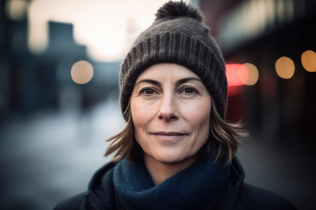 Portrait of beautiful middle aged woman in winter clothes in the cityの素材
