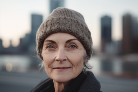 Portrait of an elderly woman in a hat on the background of the cityの素材