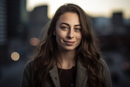 Portrait of a beautiful young woman in the city at sunset.の素材