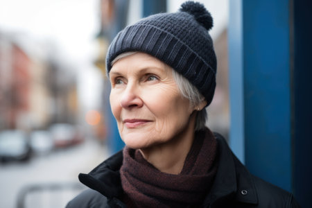 Portrait of senior woman in hat and scarf on a city streetの素材