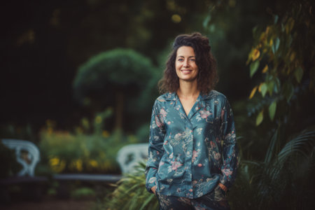 Portrait of a beautiful young woman with curly hair in a gardenの素材